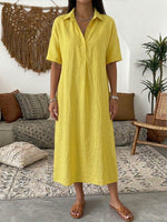 Casual Polo Collar Linen And Cotton Short-sleeved Dress