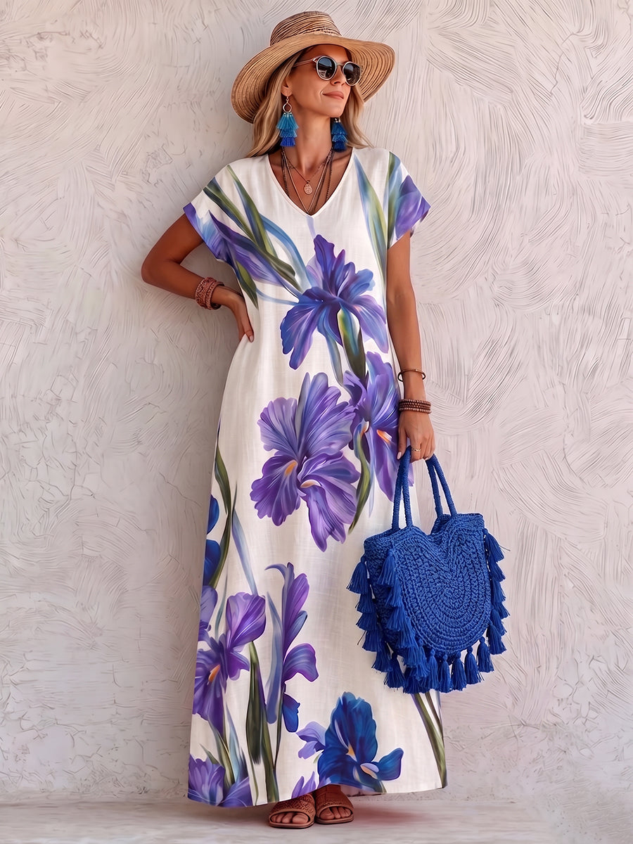 Artistic Watercolor Iris Cotton-linen Vacation Dress