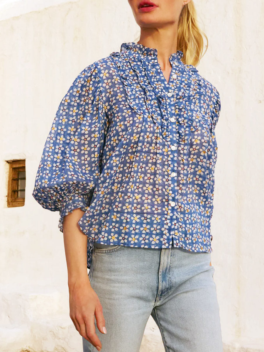 Women's Floral Ruffled Art Casual Stylish Cotton Linen Shirt