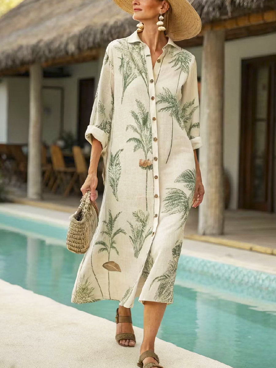 Women's Floral Art Print Casual Vacation Cotton Linen Shirt Dress
