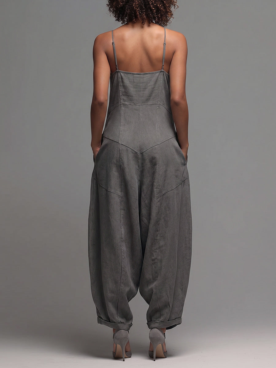 Women's Solid-color Casual Loose Cotton-linen Wide-leg Jumpsuit With Spaghetti Straps