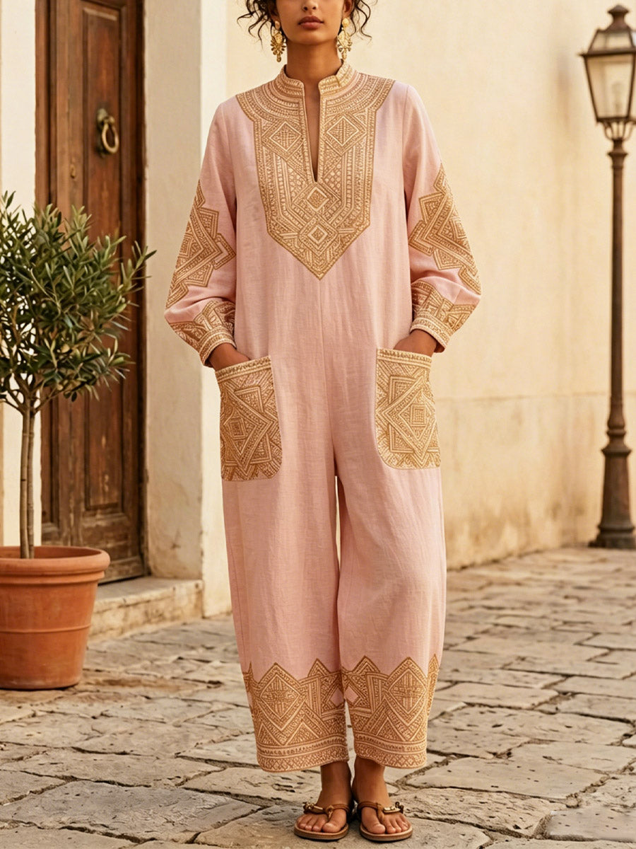 Women's Ethnic Pattern Art Casual Stylish Elegant Long Sleeve Cotton Linen Jumpsuit