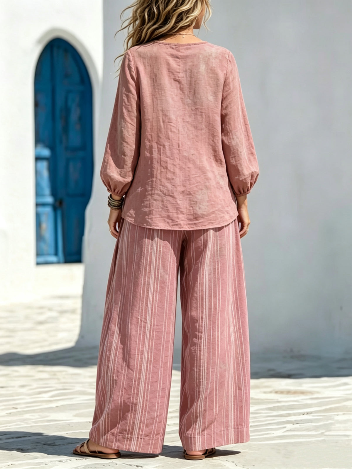 Solid-color Lantern-sleeve Crew-neck Top + Vertical-stripe Elastic-waist Wide-leg Pants (cotton-linen Two-piece Set)