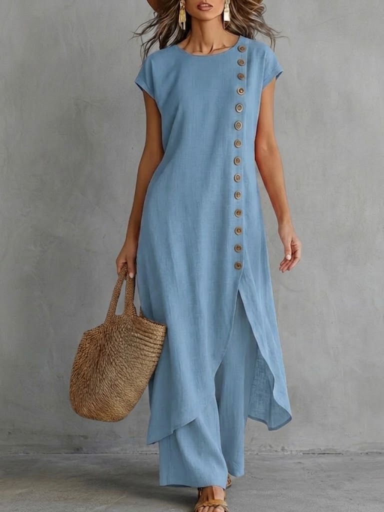 Casual Linen-cotton Long Top And Trousers Two-piece Set With Button Detailing