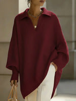 Women's Solid Color V-neck Long-sleeved Casual Loose-fitting Knitted Pullover Sweater