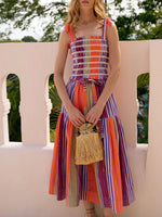 Women's Striped Color Block Art Stylish Casual Top And Skirt Cotton Linen Two-piece Set