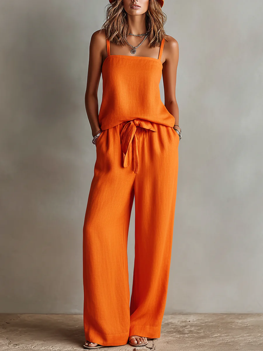 Casual & Simple Bright Orange Cotton-linen Two-piece Set