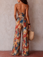 Watercolor Print Cut-out Ring Waist Jumpsuit