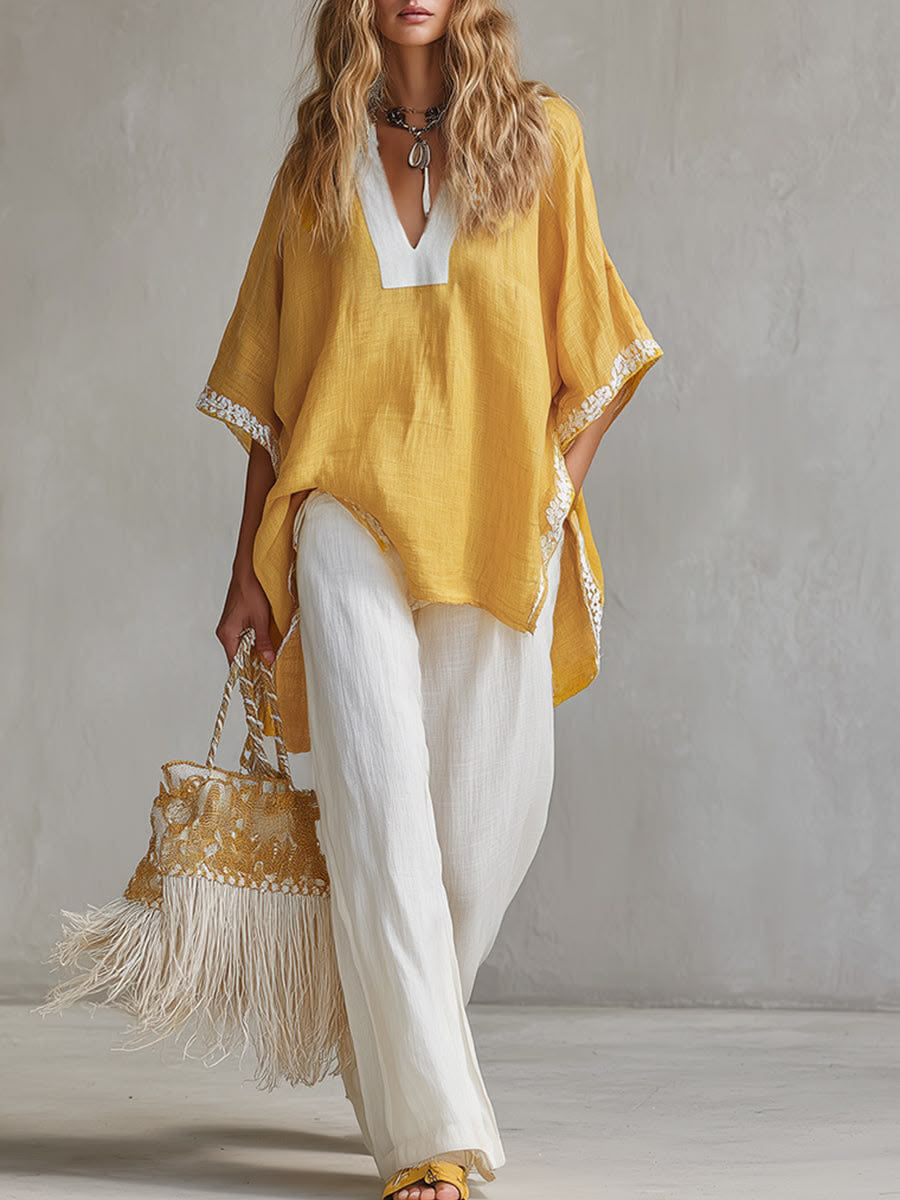 Women's Embroidered Pattern Print V-neck Cotton-linen Top