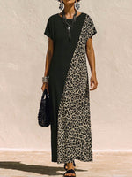 Women's Leopard Print Cotton-linen Casual Loose-fit Dress With Round Neck And Short Sleeves