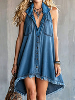 Women's Frayed-hem Denim Lapel Collar Sleeveless Mini Dress