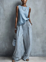 Women's Sleeveless Simple Striped Wide-Leg Pants Set