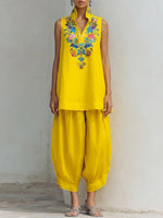 Casual Two-piece Set: Printed Linen And Cotton Top & Pants