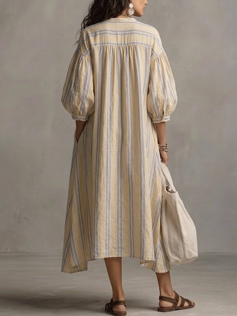 Women's Bohemian Loose-fit Striped Cotton-linen Dress