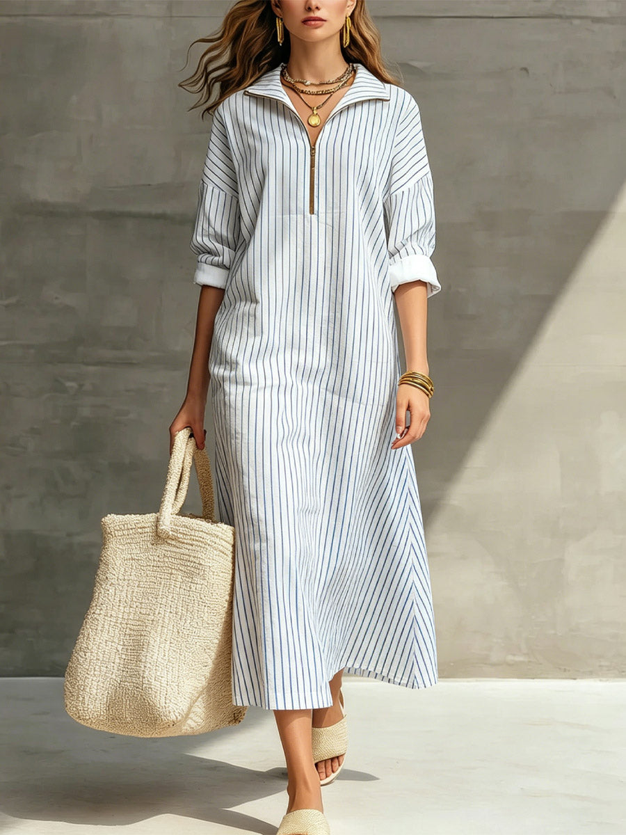 Women's Striped Elegant Art Zip Casual Cotton Linen Dress