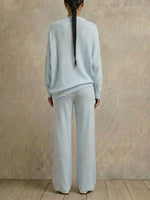 Draped Cowl Neck Loose Fit Long Sleeve Top & High Waist Drawstring Wide Leg Pants Vacation Home Wear 2 Piece Co-ord Set