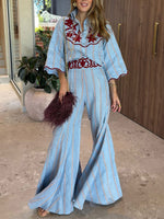 Boho Retro Striped Red Floral Print Shirt And Flared Pants Two-piece Set