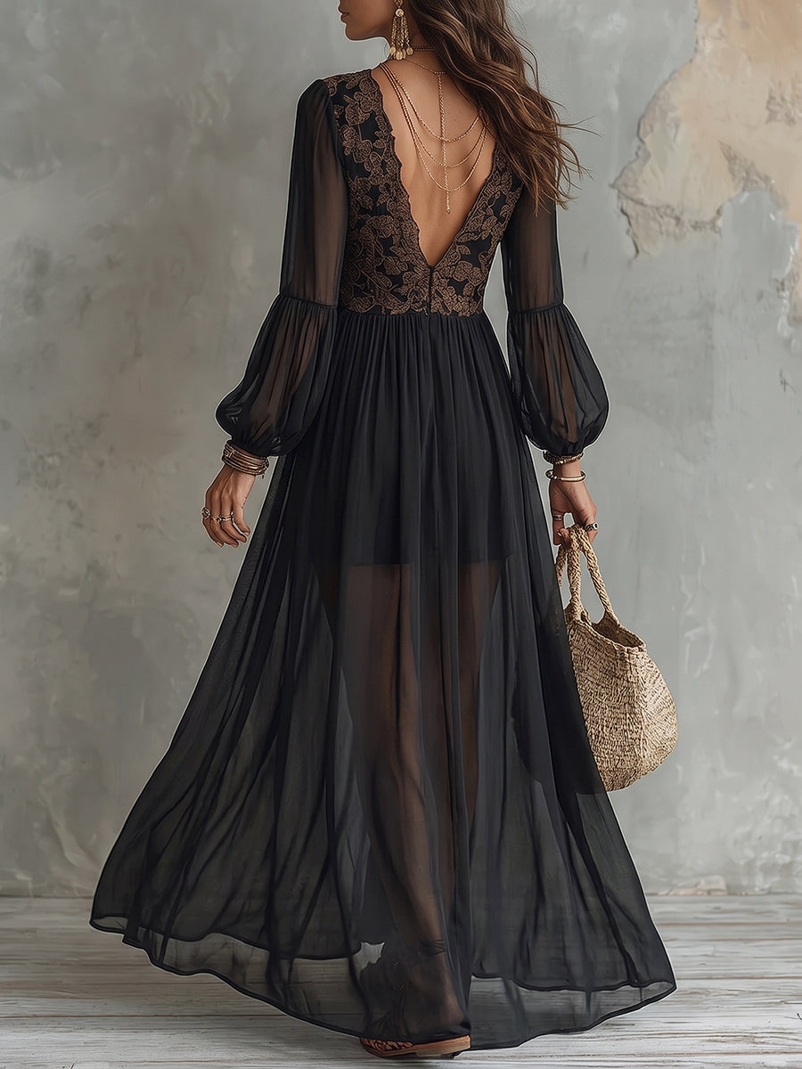 Boho Sexy V-neck Lace Backless Chiffon Dress