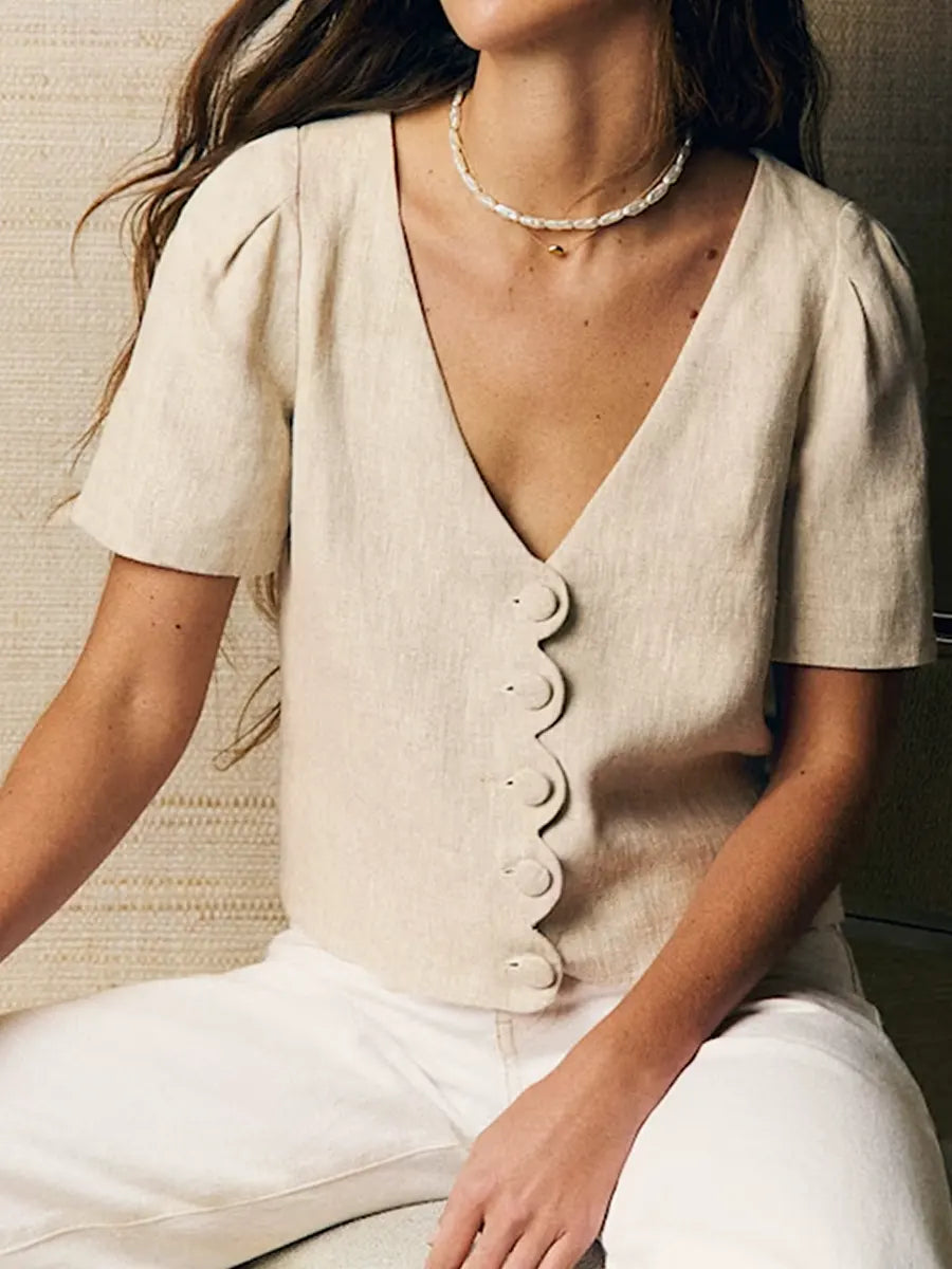 Women's V-neckline Closed With Scalloped Details Shirt