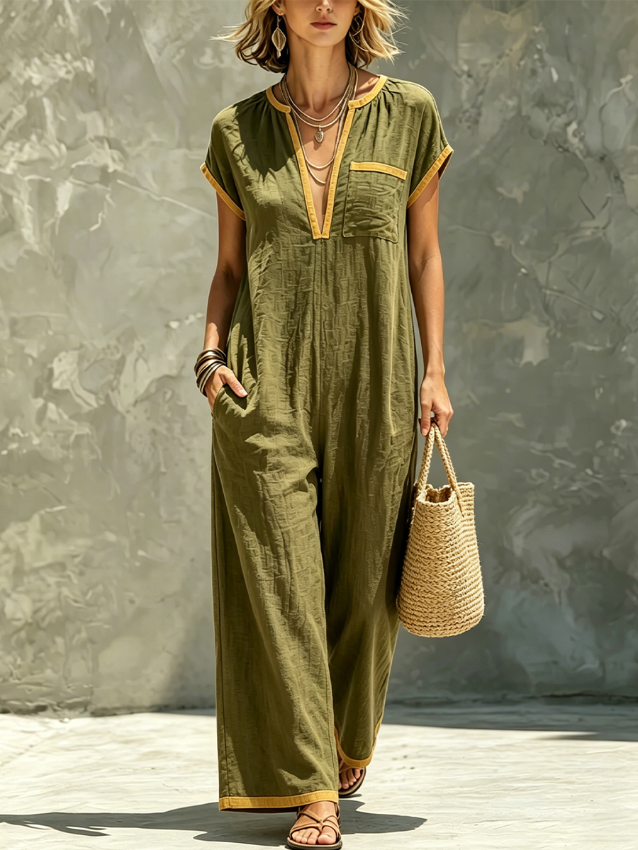Olive Green Cotton Jumpsuit With Yellow Piping, Deep V-neck, Short Sleeves, And Wide Legs