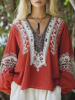 Women's Retro Ethnic Pattern Art Print Casual Cotton Linen Shirt