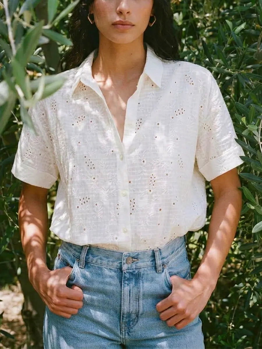 Women White Floral Cuffed Short Sleeve Loose Casual Shirt