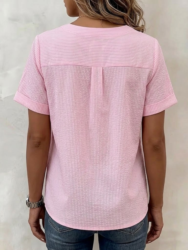 Casual Pink Fine-striped Short-sleeve Linen And Cotton Top