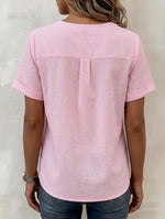 Casual Pink Fine-striped Short-sleeve Linen And Cotton Top