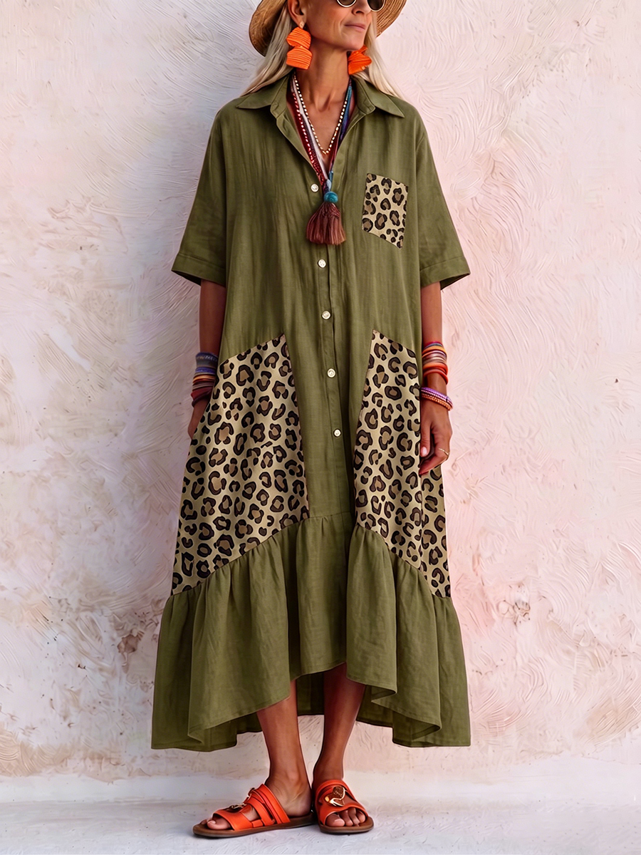 Casual Boho Leopard Print Cotton-linen Dress