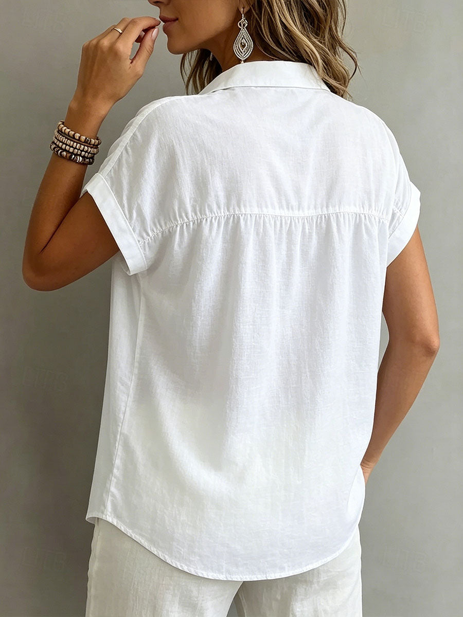 Women's Pleats Loose-fit V-neck Single-breasted Short-sleeve Shirt