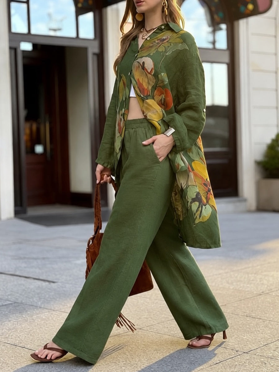 Two-piece Set Featuring A Loose, Casual Printed Linen-cotton Shirt And Solid-colored Trousers.