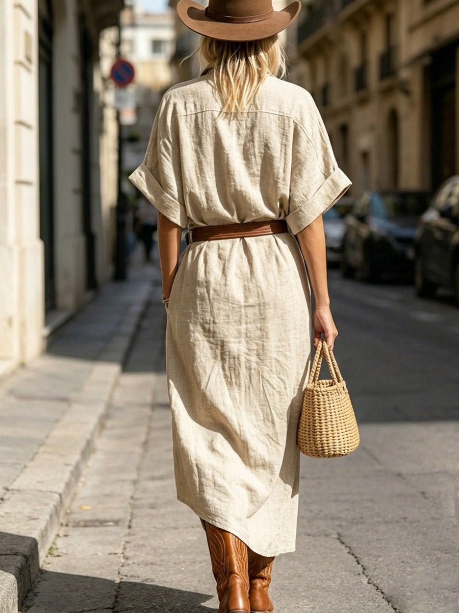 Women's Lapel Art Short Sleeve Casual Cotton And Linen Dress