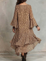 Women's Leopard Print V-neck Long-sleeve Casual Loose Chiffon A-line Dress