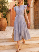 Women's Striped Elegant Art Ruffled Casual Cotton Linen Dress