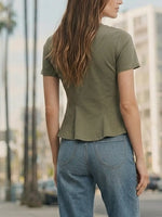 Women Olive Green Panel Seam Fitted Peplum Crew Neck Basic Tee