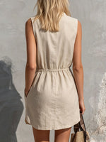 Women's Casual Retro Beige Sleeveless Crew-neck Cotton-linen Mini Dress