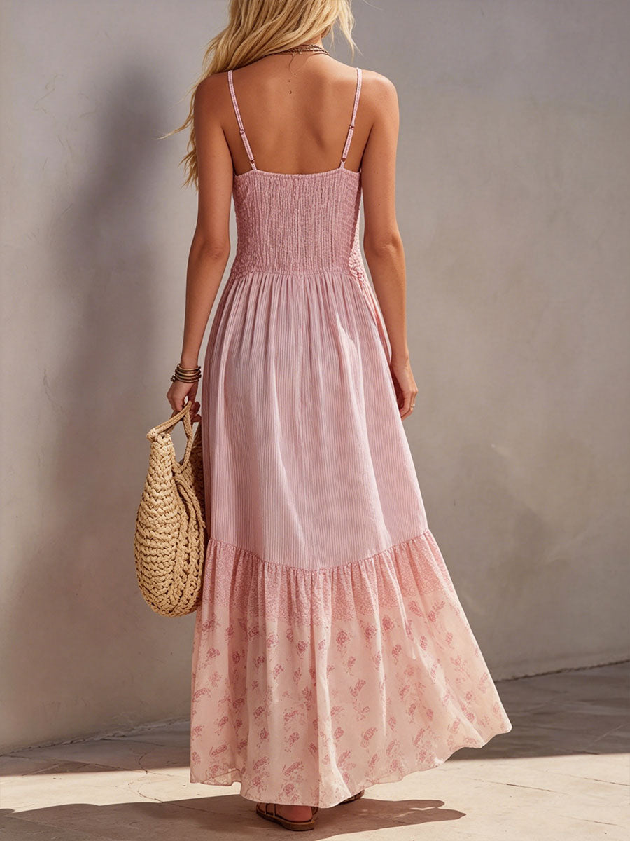 Women's Pink Striped Patchwork Chiffon Printed Maxi Dress With Spaghetti Straps