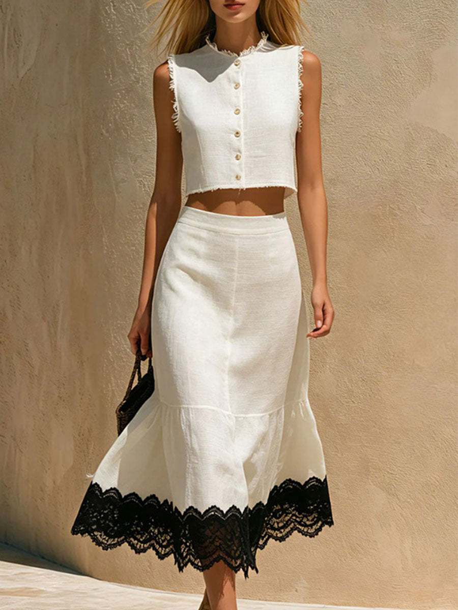 Women's Color-block Lace-trimmed White Round Neck Sleeveless Cotton-linen Shirt And Skirt Set