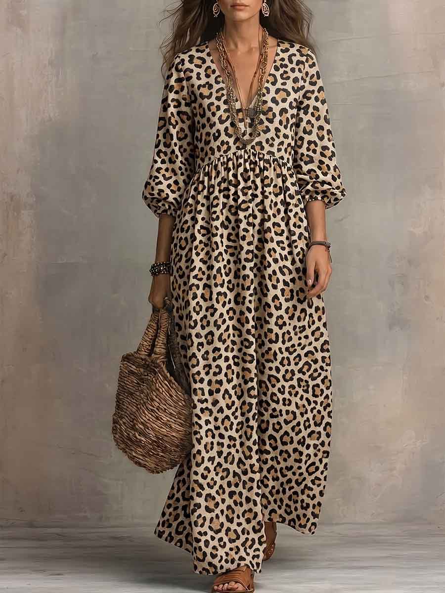 Women's Leopard Print V-neck Cotton-linen Dress