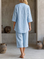 Women's Solid-color Cotton-linen Set: V-neck 3/4-sleeve Loose-fit Top & High-waisted Wide-leg Pants
