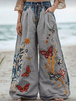 Women's High-waisted Loose-fit Wide-leg Trousers — Casual Cotton-linen Blend With Placement Print