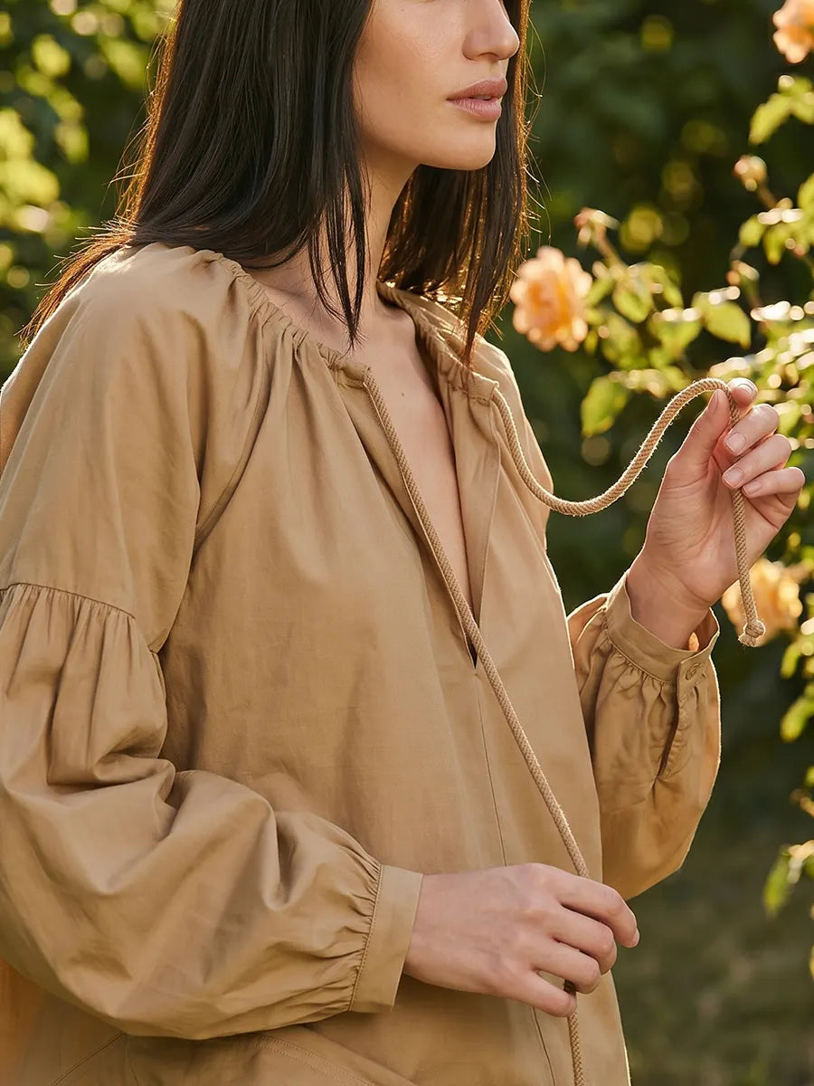 Women Khaki Drawstring Neck Puff Sleeve Blouse