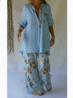 Casual Floral Print Linen And Cotton Shirt And Trousers Two-piece Set