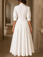 Women's Solid-color A-line Dress — Lapel Collar 3/4 Sleeves Loose-fit Cotton-linen Blend