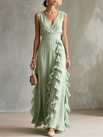Women's Solid-color Pleated V-neck Dress