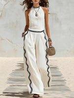 Women's White And Black Wavy Striped Decorated Cotton-linen Two-piece Set
