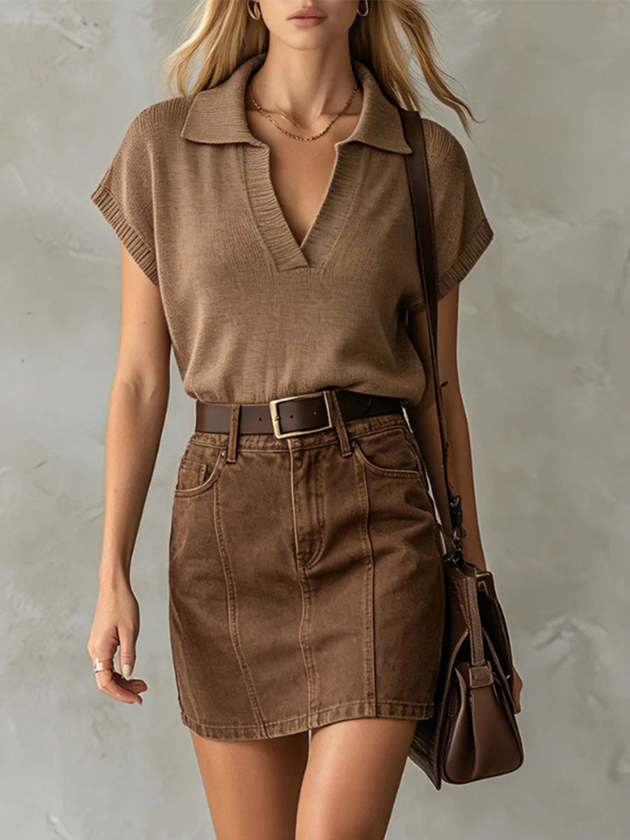 Women's Retro Brown Knitted Short-sleeve Lapel T-shirt And Denim Skirt Set