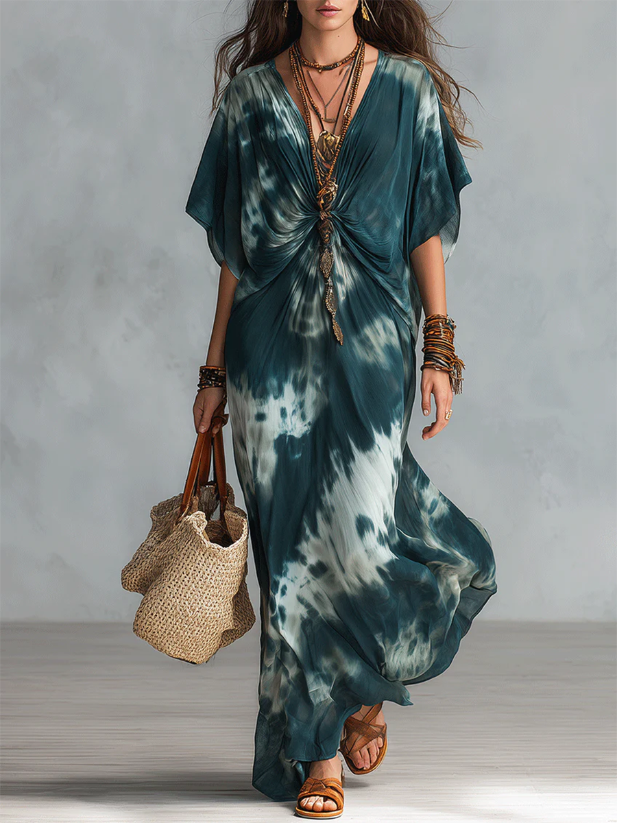 Boho Vacation Chic Sexy Green Tie-dye Dress
