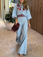 Boho Retro Striped Red Floral Print Shirt And Flared Pants Two-piece Set