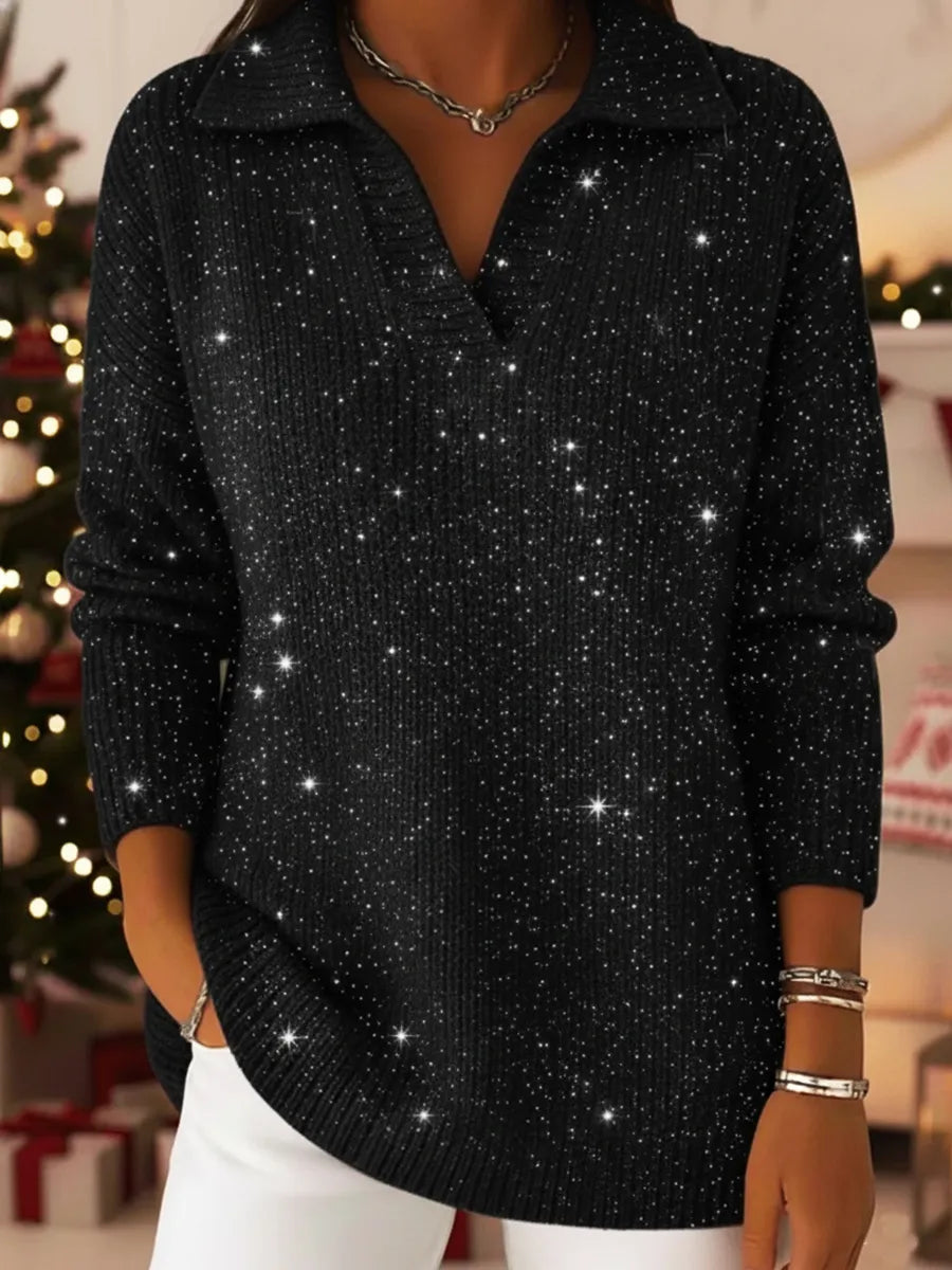 Party Polo Collar Shiny Loose Sweater Top
